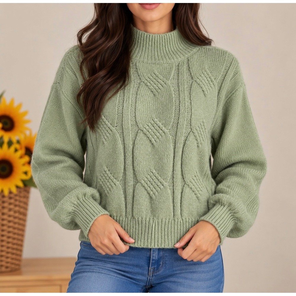SO Cable Knit Sweater Size Small Sage Green Good Mock Neck Pullover